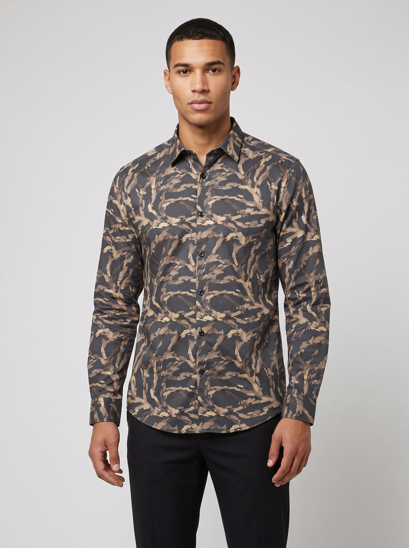 Men’s Charcoal Grey Satin Printed Abstract Shirt