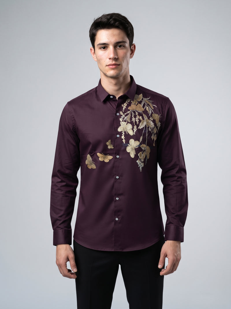 Men’s Floral Butterfly Print Stone Work Shirt