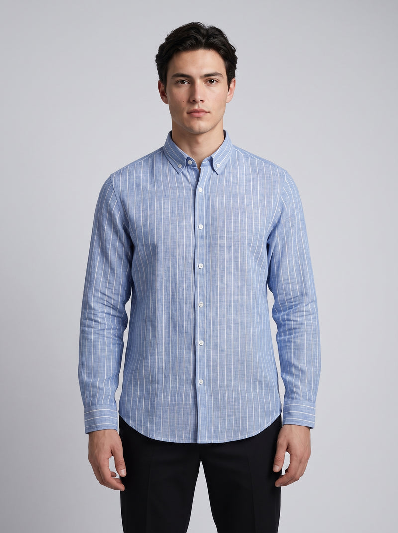 Men’s Linen Vertical-Striped Full-Sleeve Shirt