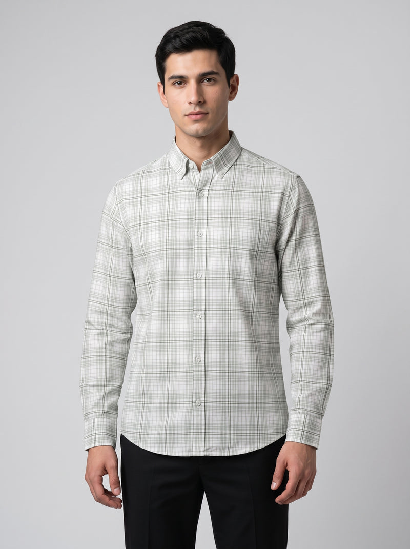 Men’s Light Grey & White Plaid Check Full Sleeve Shirt