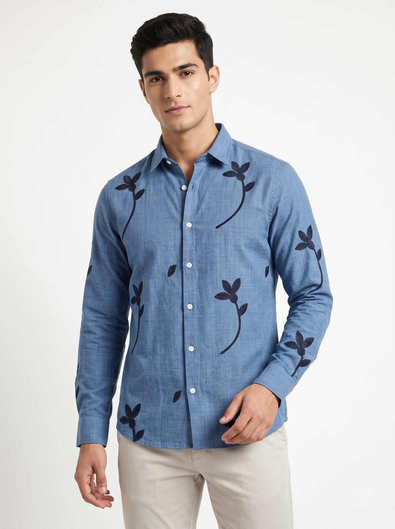 Men’s Korean Linen Floral Stem Embroidery Shirt