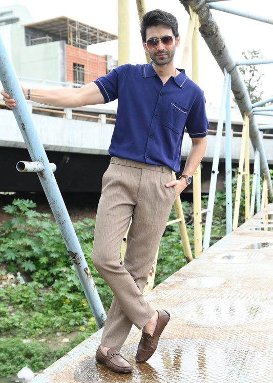 Navy Blue Contrast Stitch Button-Up Shirt