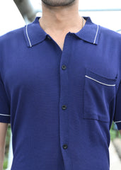 Navy Blue Contrast Stitch Button-Up Shirt