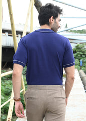 Navy Blue Contrast Stitch Button-Up Shirt