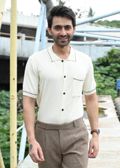 Beige Contrast Stitch Button-Up Shirt