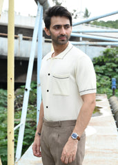 Beige Contrast Stitch Button-Up Shirt