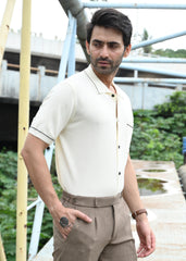 Beige Contrast Stitch Button-Up Shirt