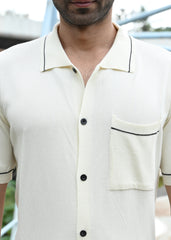 Beige Contrast Stitch Button-Up Shirt