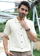 Beige Contrast Stitch Button-Up Shirt