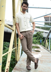 Beige Contrast Stitch Button-Up Shirt