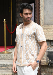 Geometric Knit Button-Down Shirt - Sandal