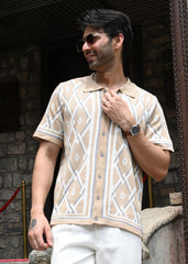 Geometric Knit Button-Down Shirt - Sandal
