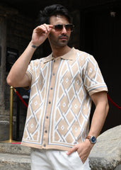 Geometric Knit Button-Down Shirt - Sandal