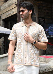 Geometric Knit Button-Down Shirt - Sandal