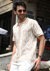 Geometric Knit Button-Down Shirt - Sandal