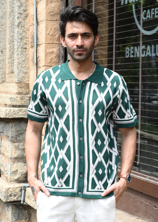 Geometric Knit Button-Down Shirt - Green