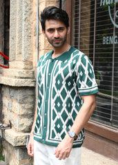 Geometric Knit Button-Down Shirt - Green