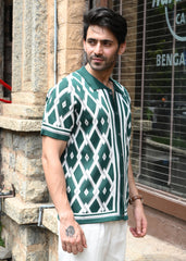 Geometric Knit Button-Down Shirt - Green