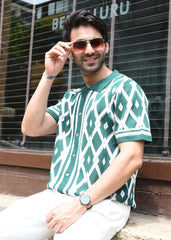 Geometric Knit Button-Down Shirt - Green