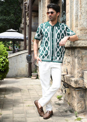 Geometric Knit Button-Down Shirt - Green