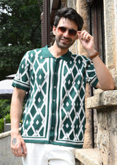 Geometric Knit Button-Down Shirt - Green