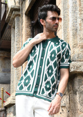 Geometric Knit Button-Down Shirt - Green