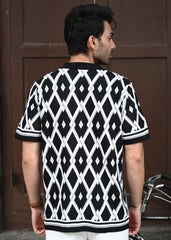 Geometric Knit Button-Down Shirt - Black