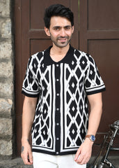 Geometric Knit Button-Down Shirt - Black