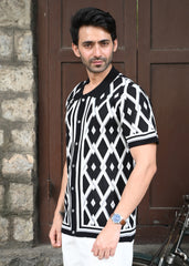 Geometric Knit Button-Down Shirt - Black