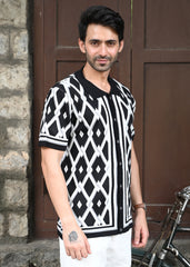 Geometric Knit Button-Down Shirt - Black