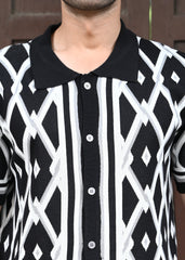 Geometric Knit Button-Down Shirt - Black