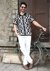 Geometric Knit Button-Down Shirt - Black