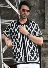 Geometric Knit Button-Down Shirt - Black
