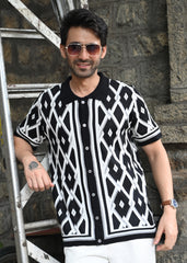 Geometric Knit Button-Down Shirt - Black