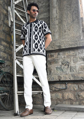 Geometric Knit Button-Down Shirt - Black