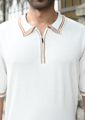 Half Sleeve Polo Zip T-Shirt - White