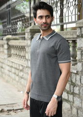 Half Sleeve Polo Zip T-Shirt - Grey