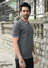 Half Sleeve Polo Zip T-Shirt - Grey