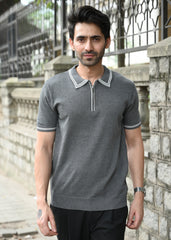 Half Sleeve Polo Zip T-Shirt - Grey