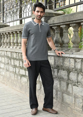 Half Sleeve Polo Zip T-Shirt - Grey