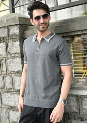 Half Sleeve Polo Zip T-Shirt - Grey