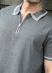 Half Sleeve Polo Zip T-Shirt - Grey