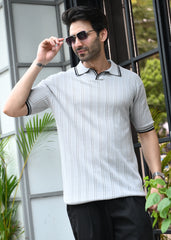 Textured Knit Polo T-Shirt - Grey
