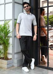 Textured Knit Polo T-Shirt - Grey