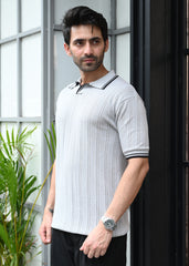 Textured Knit Polo T-Shirt - Grey