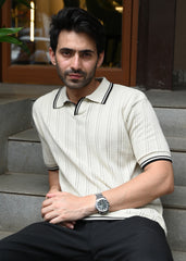 Textured Knit Polo T-Shirt - Beige