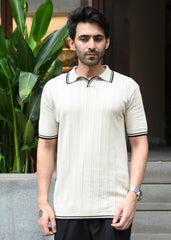 Textured Knit Polo T-Shirt - Beige