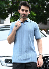 Textured Knit Polo T-Shirt - Blue