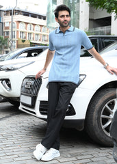 Textured Knit Polo T-Shirt - Blue