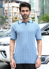Textured Knit Polo T-Shirt - Blue